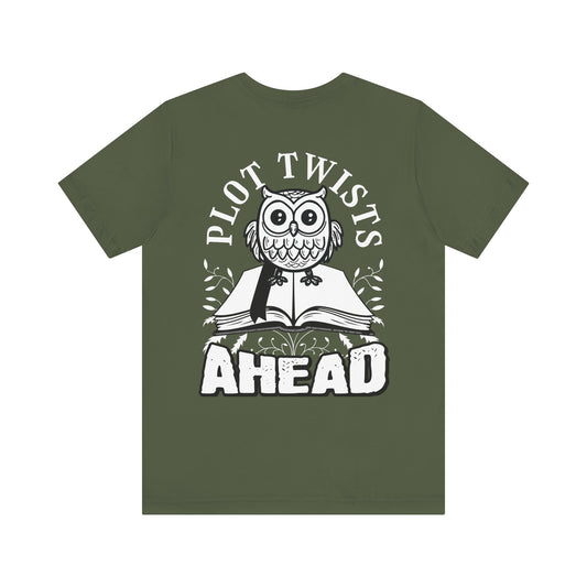 Military Green Plot Twists Ahead bookworm front and back print tee, flat lay showing the back print
