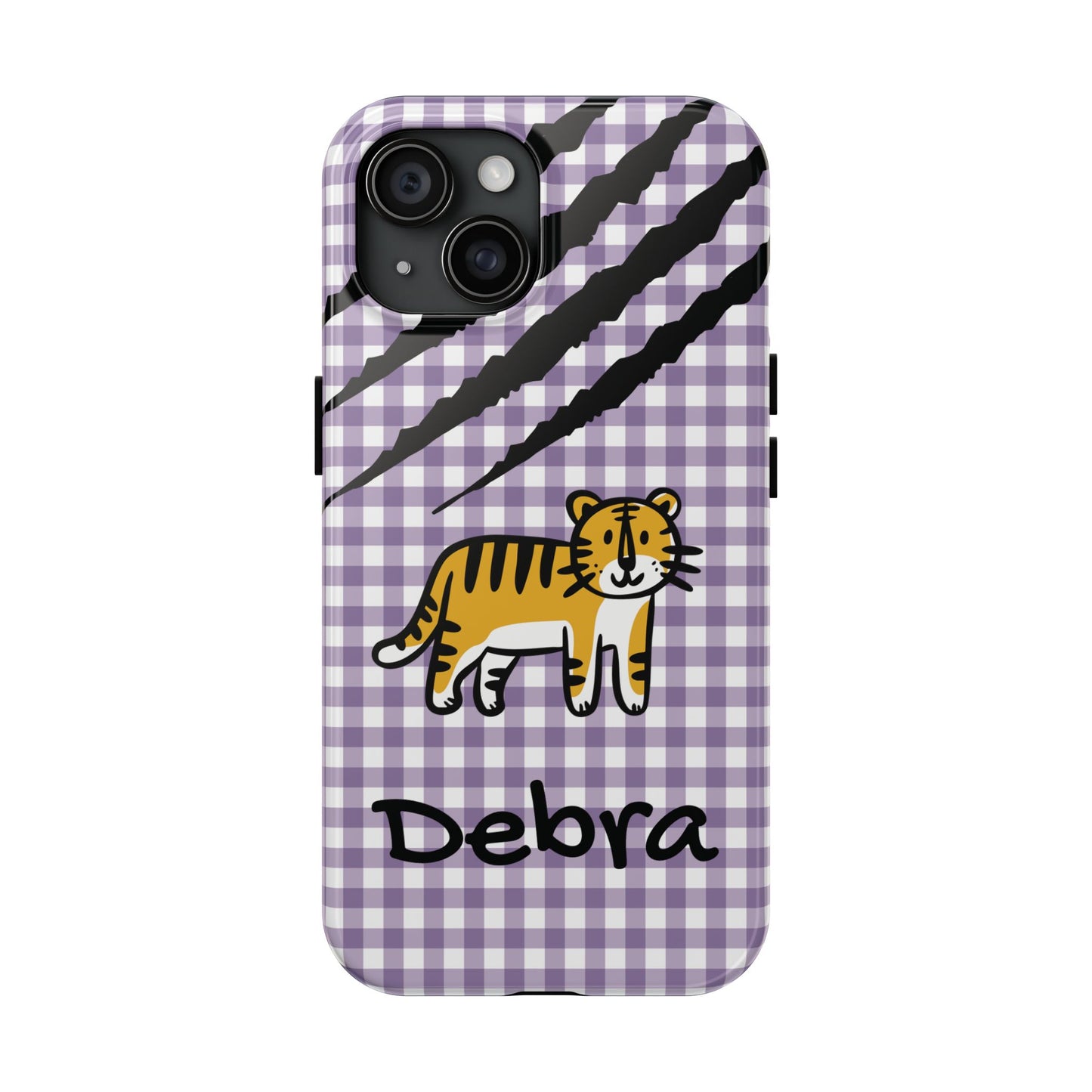 CAJUN DEB Personalized Tiger Purple Gingham Phone Case โ Cute Purple Gingham Tough Phone Case with Claw Marks CAJUN DEB