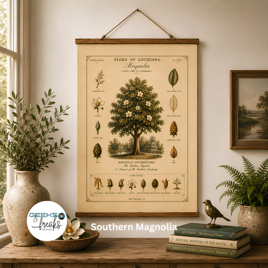 Vintage Botanical Wall hanging — 'Flora of Louisiana' Southern Magnolia Tree Hanging Wall Print CAJUN DEB