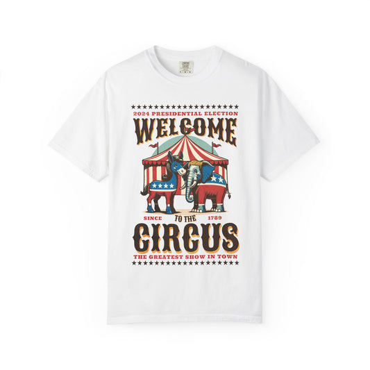 Camiseta de circo político | Camiseta unisex teñida con sátira de elefante y burro, colores cómodos para elecciones 1717