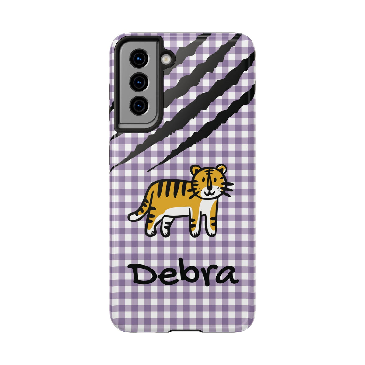 Personalized doodle tiger gingham phone case with custom name, for Samsung Galaxy S21