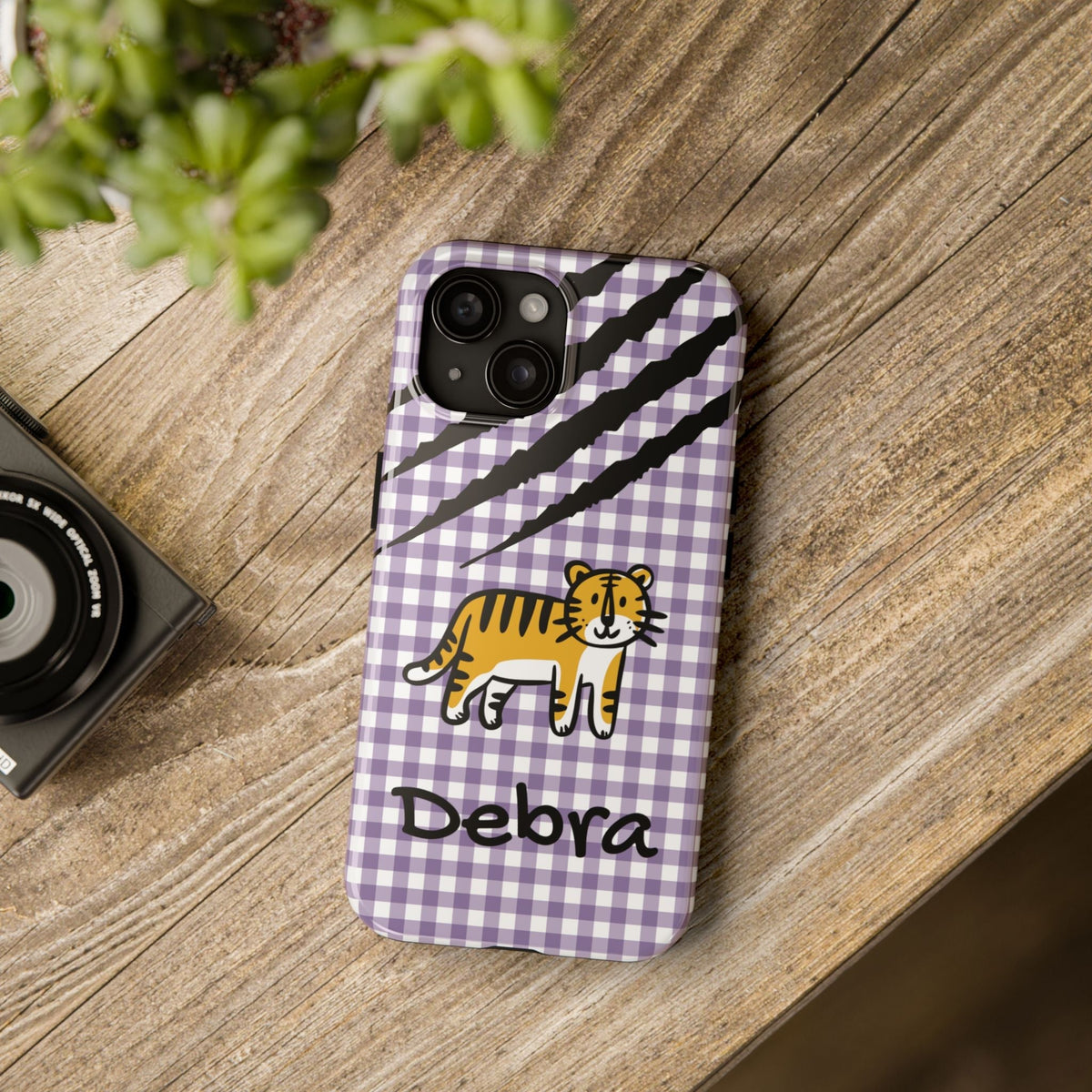 Personalized doodle tiger gingham phone case with custom name, for iPhone 15