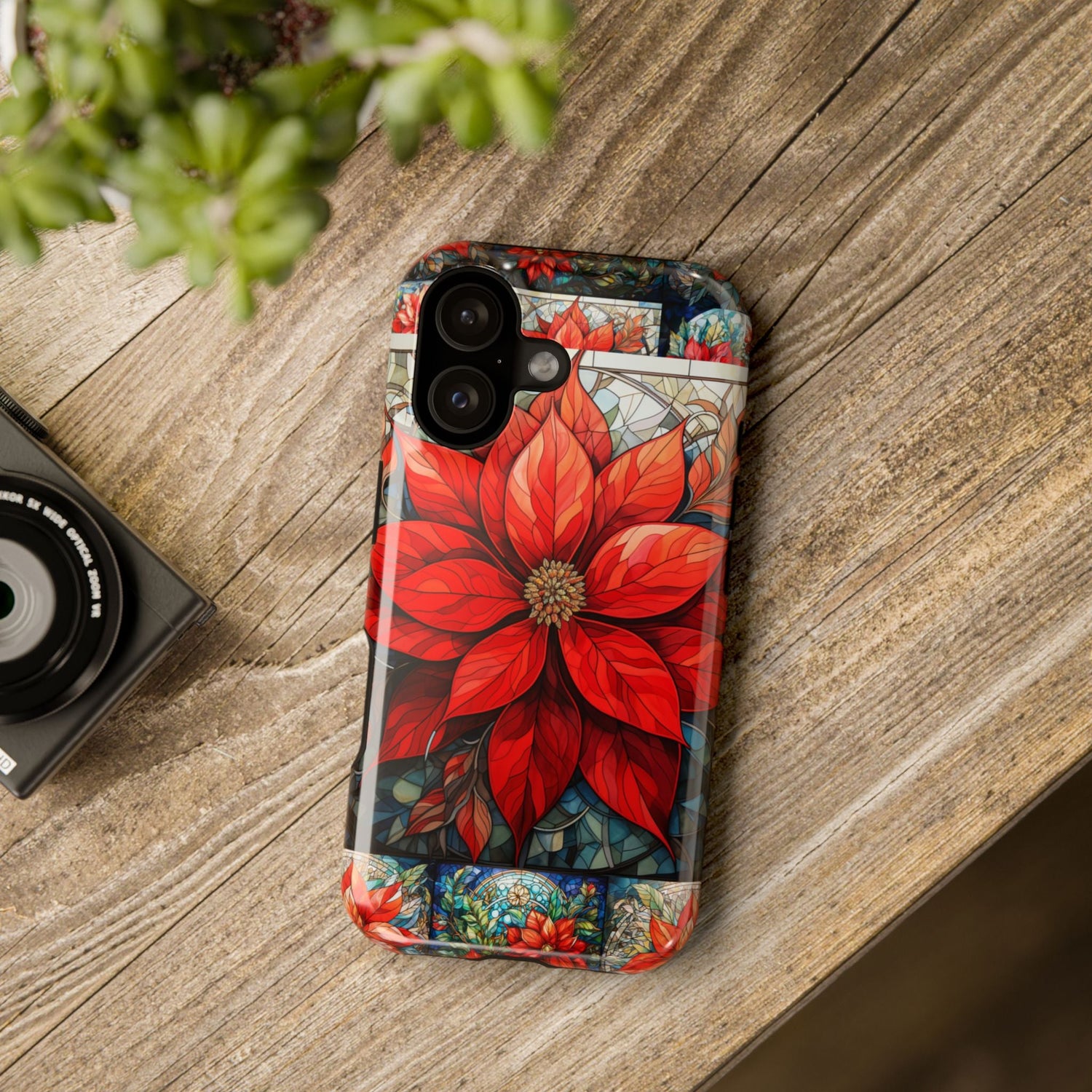 Christmas poinsettia stained-glass phone case