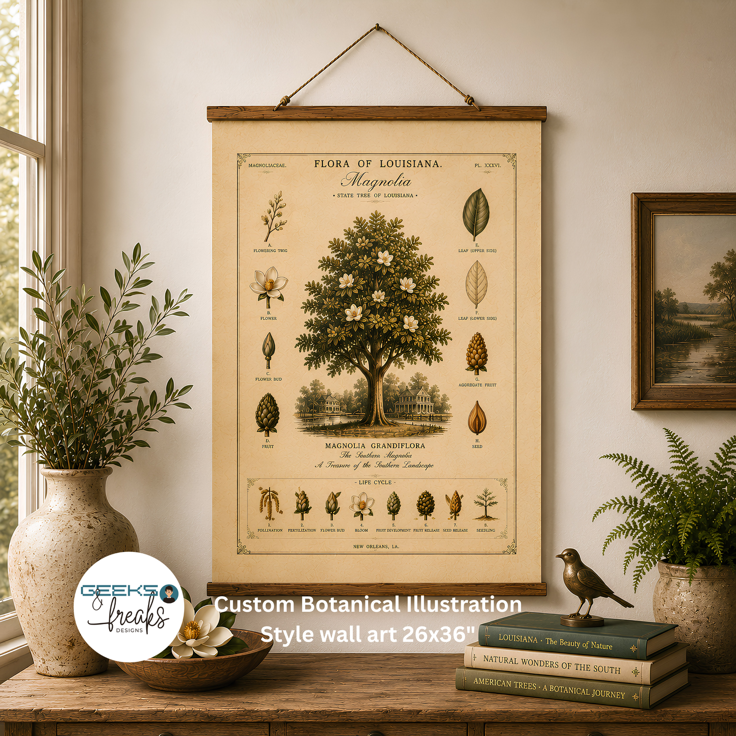 Flora of Louisiana Southern magnolia botanical print