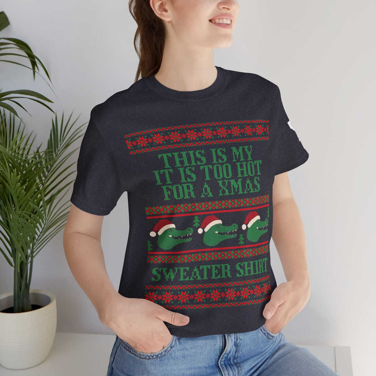 Cajun Deb MDS cancer awareness apparel featuring design of faux knit "This is my It is too hot for a xmas sweater shirt" shirt.