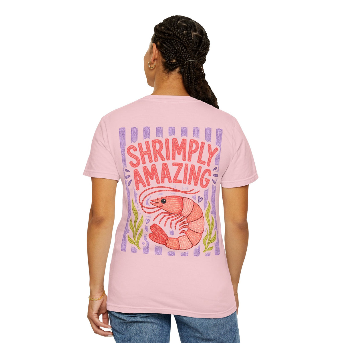 Cajun Deb MDS cancer awareness apparel featuring "shrimply amazing" design on back of shirt