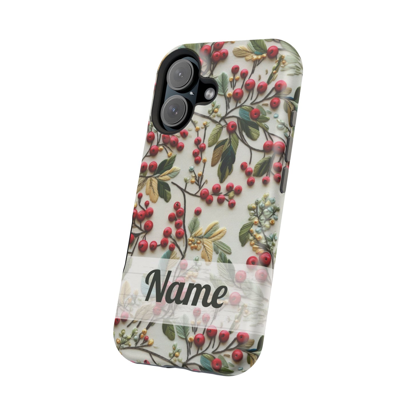 December Birth Month Flower Phone Case Faux Holly Beads Embroidered Custom, Personalized Christmas Winter Magnetic Tough Cases for iPhone