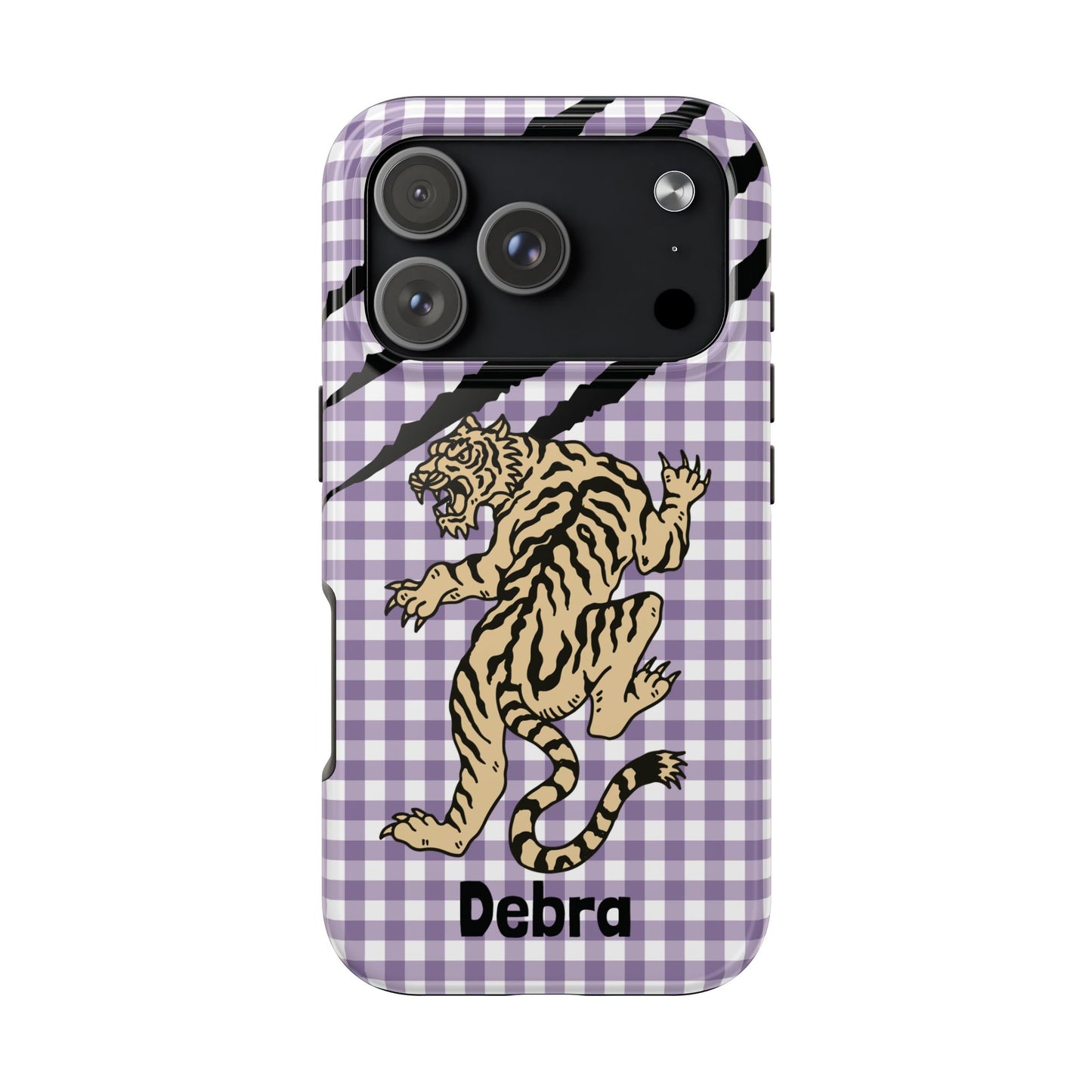 CAJUN DEB Personalized Vintage Tiger Purple Gingham Phone Case – Cute Purple Gingham Tough Phone Case with Claw Marks CAJUN DEB