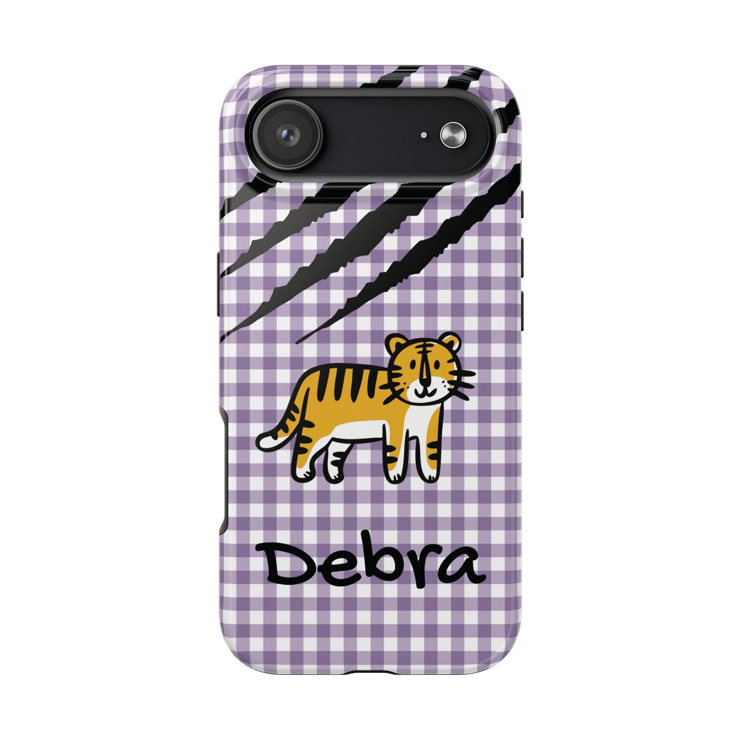 CAJUN DEB Personalized Tiger Purple Gingham Phone Case – Cute Purple Gingham Tough Phone Case with Claw Marks CAJUN DEB