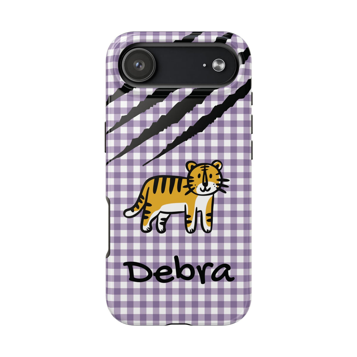 Personalized doodle tiger gingham phone case with custom name, for iPhone 17 Air