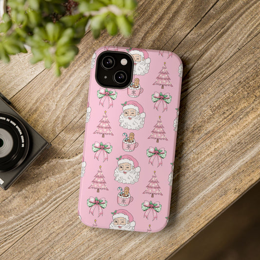 Pink Retro Santa & Coquette Bow Christmas Phone Case - Christmas Phone Case Impact-Resistant Case
