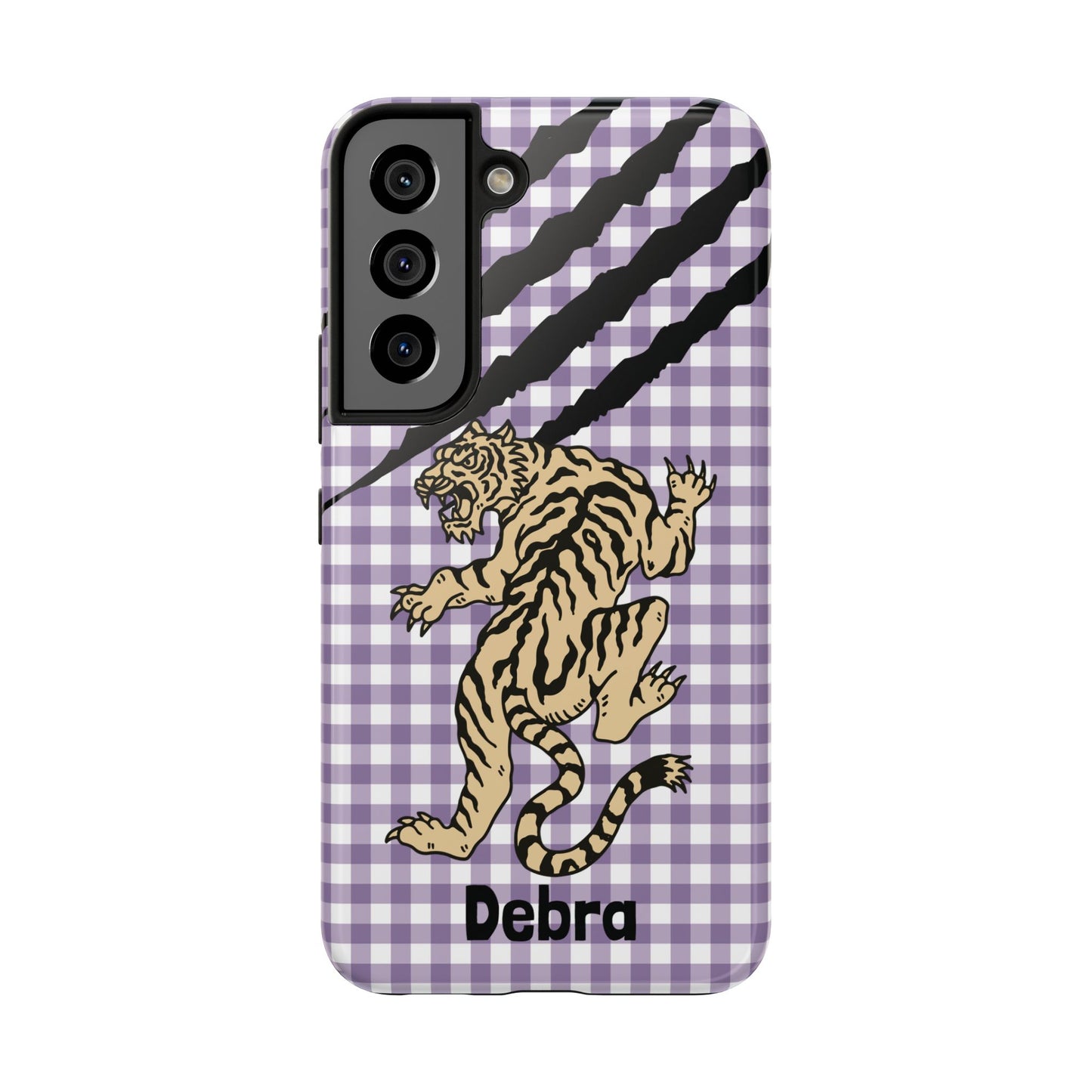 CAJUN DEB Personalized Vintage Tiger Purple Gingham Phone Case – Cute Purple Gingham Tough Phone Case with Claw Marks CAJUN DEB