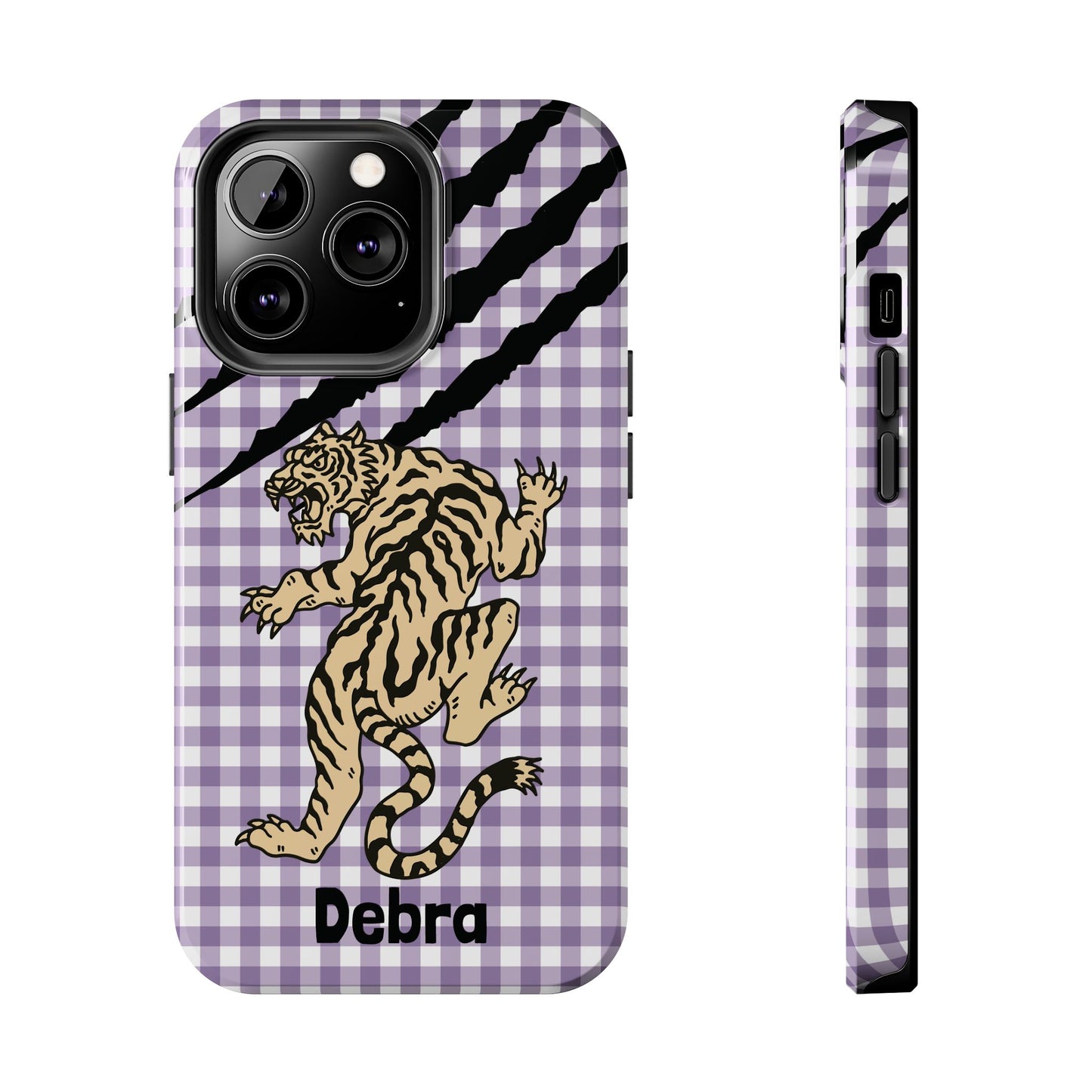 CAJUN DEB Personalized Vintage Tiger Purple Gingham Phone Case – Cute Purple Gingham Tough Phone Case with Claw Marks CAJUN DEB
