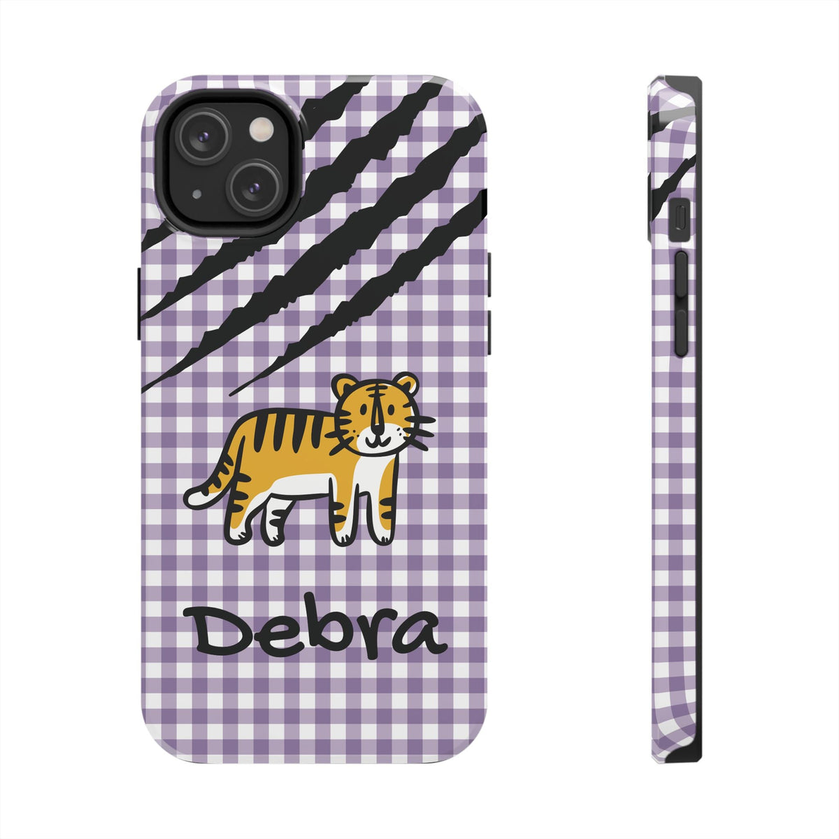 Personalized doodle tiger gingham phone case with custom name, for iPhone 14 Plus