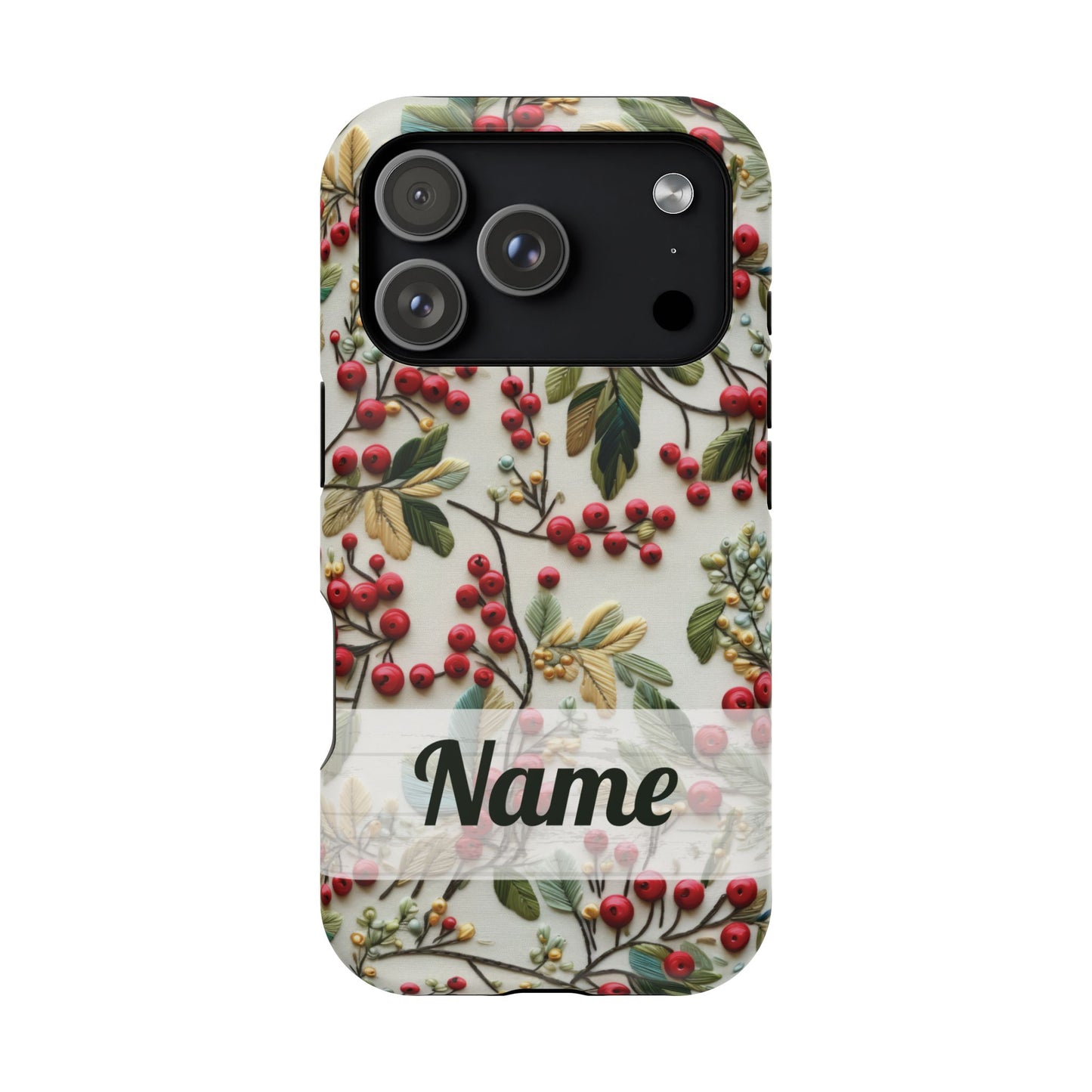 December Birth Month Flower Phone Case Faux Holly Beads Embroidered Custom, Personalized Christmas Winter Magnetic Tough Cases for iPhone