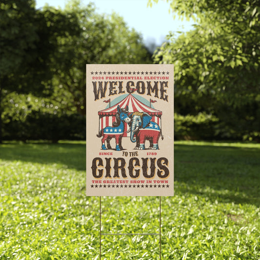 Letrero de plástico para el patio con diseño de circo político para las elecciones de 2024