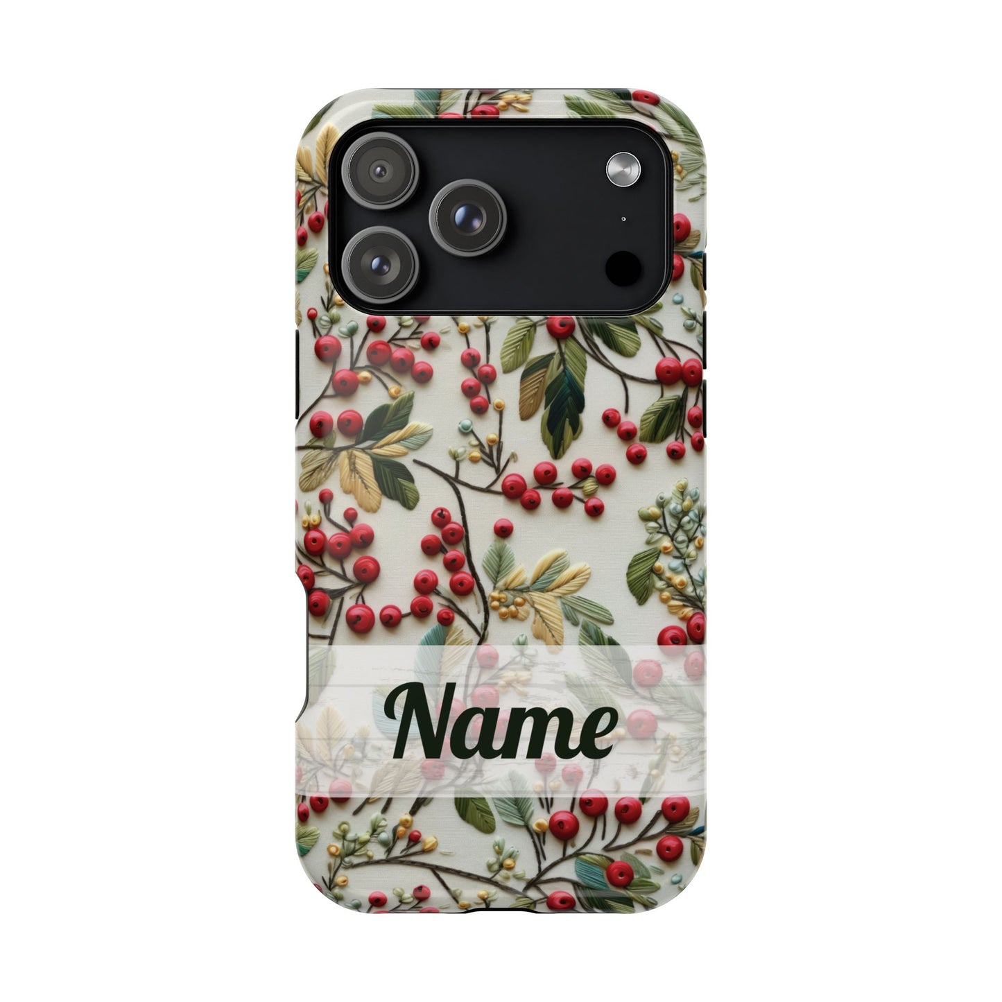 December Birth Month Flower Phone Case Faux Holly Beads Embroidered Custom, Personalized Christmas Winter Magnetic Tough Cases for iPhone