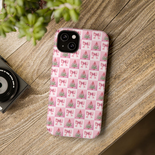 Pink Retro Christmas Tree & Coquette Phone Case - Christmas Phone Case Impact-Resistant Cases iPhone Samsung