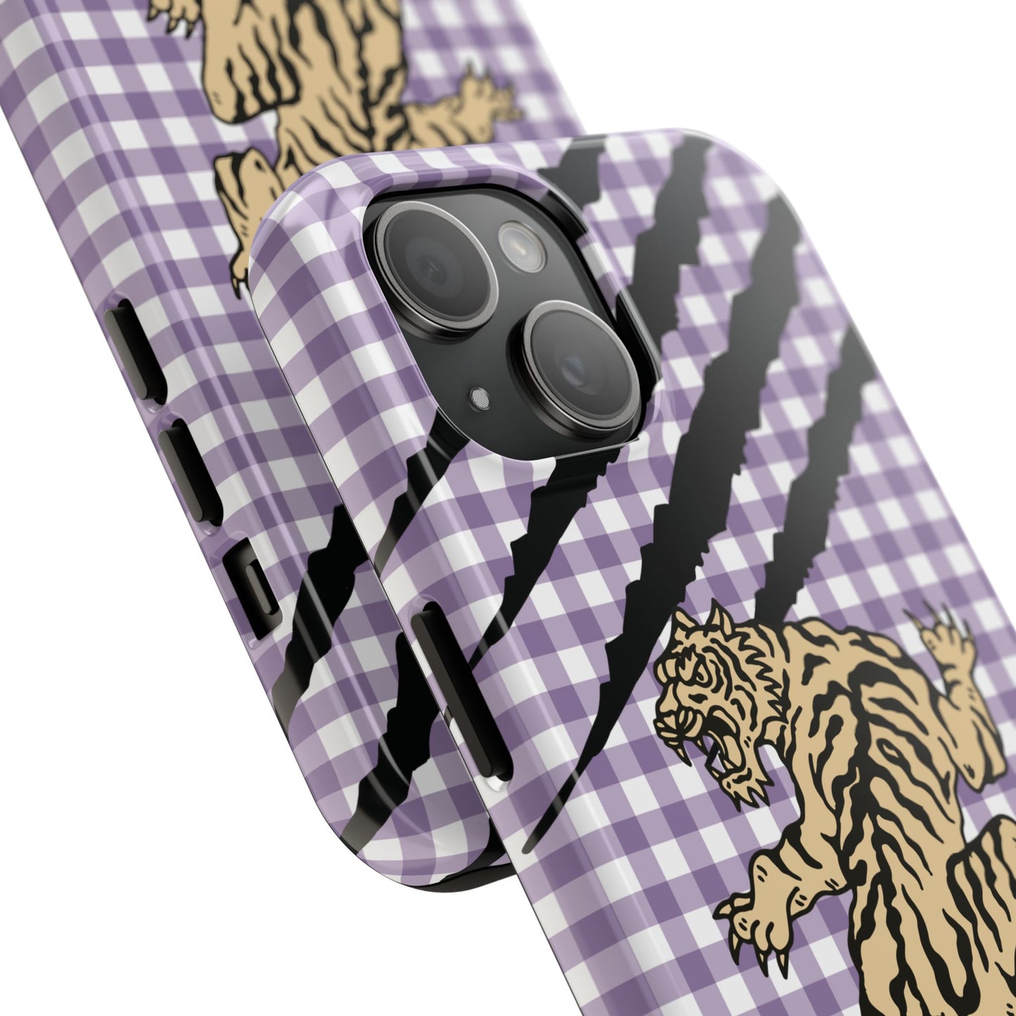CAJUN DEB Personalized Vintage Tiger Purple Gingham Phone Case – Cute Purple Gingham Tough Phone Case with Claw Marks CAJUN DEB