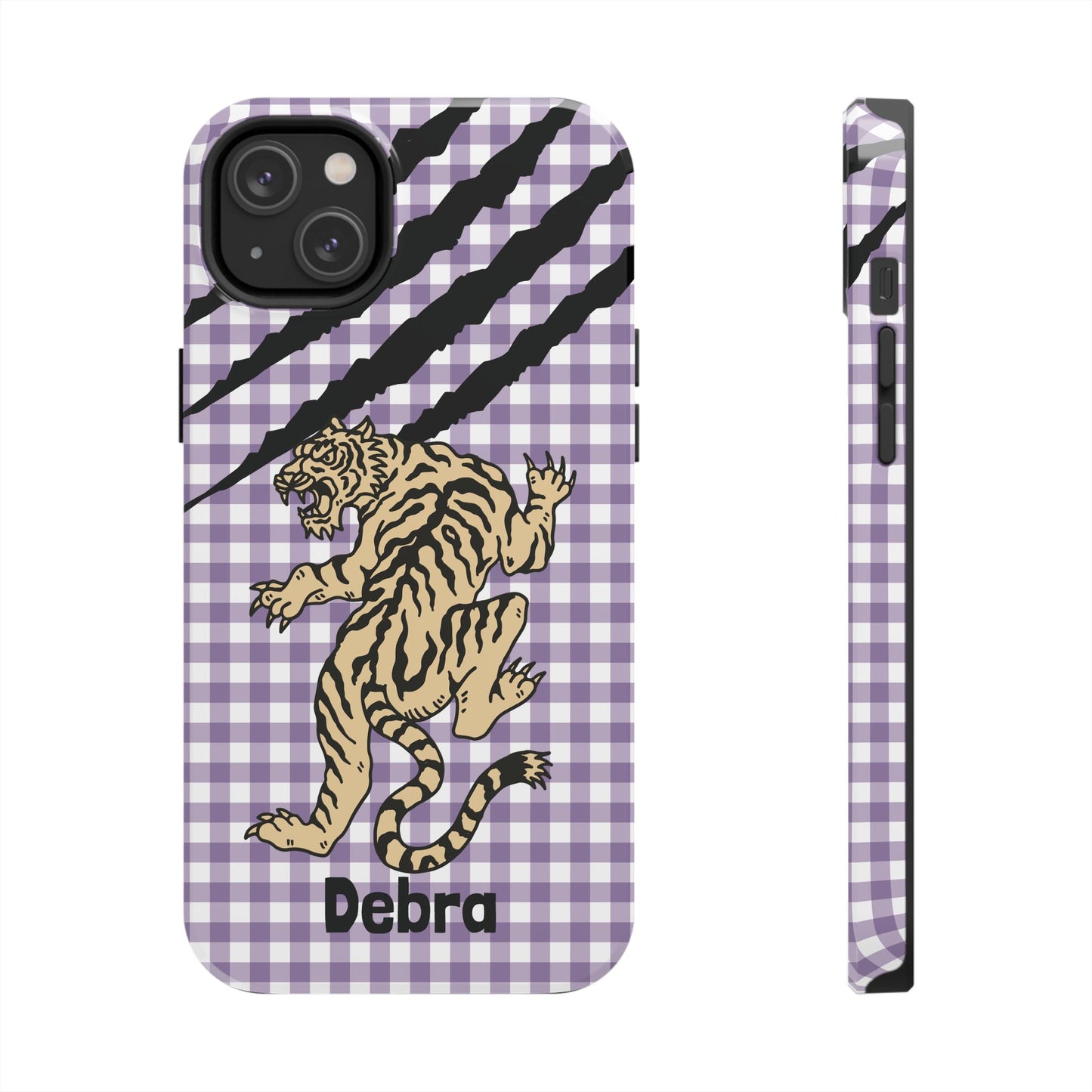 CAJUN DEB Personalized Vintage Tiger Purple Gingham Phone Case – Cute Purple Gingham Tough Phone Case with Claw Marks CAJUN DEB