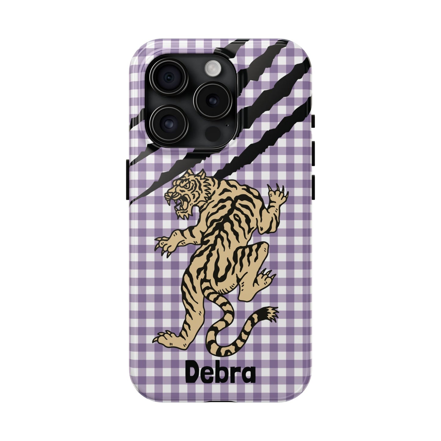 CAJUN DEB Personalized Vintage Tiger Purple Gingham Phone Case – Cute Purple Gingham Tough Phone Case with Claw Marks CAJUN DEB