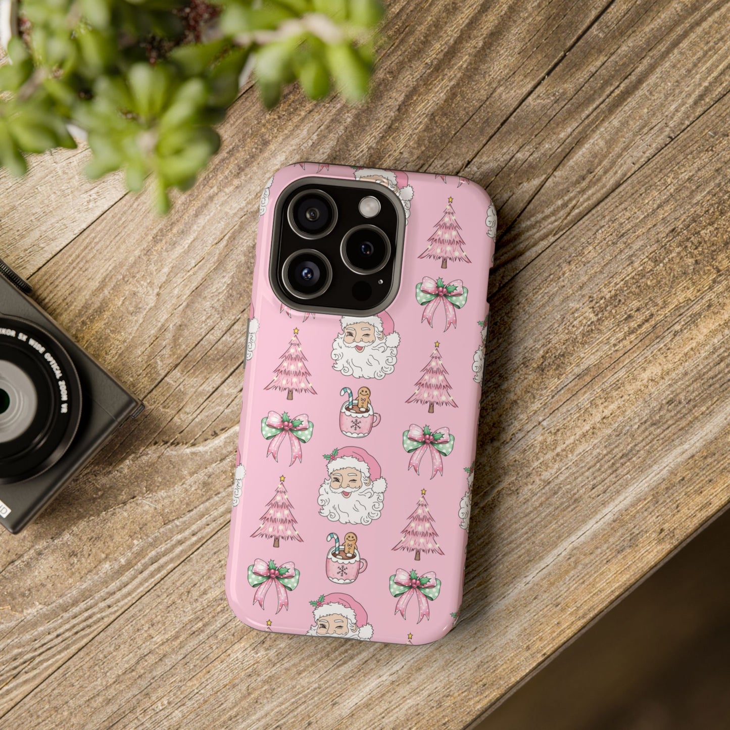 Pink Retro Santa & Coquette Bow Christmas Phone Case - Christmas Phone Case Impact-Resistant Case