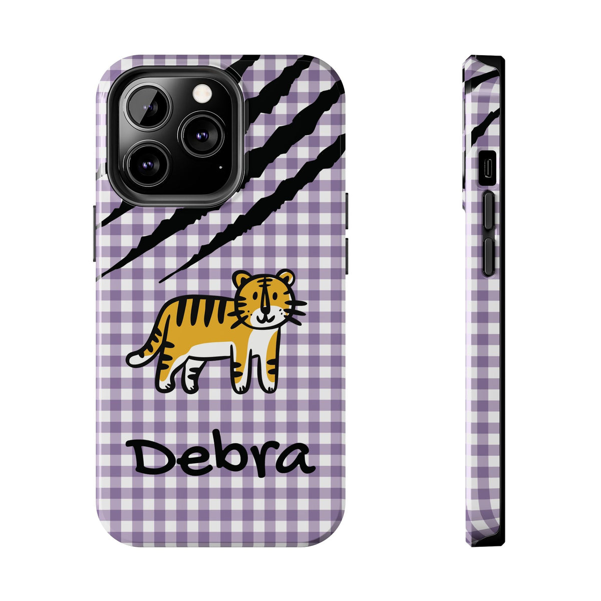 Personalized doodle tiger gingham phone case with custom name, for iPhone 13 Pro