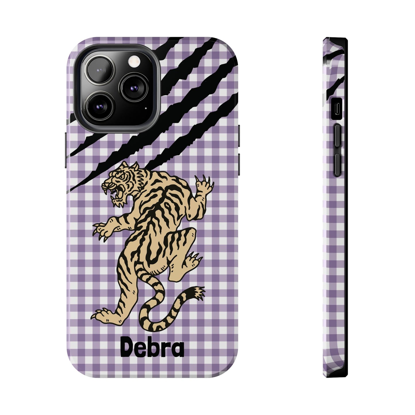 CAJUN DEB Personalized Vintage Tiger Purple Gingham Phone Case – Cute Purple Gingham Tough Phone Case with Claw Marks CAJUN DEB