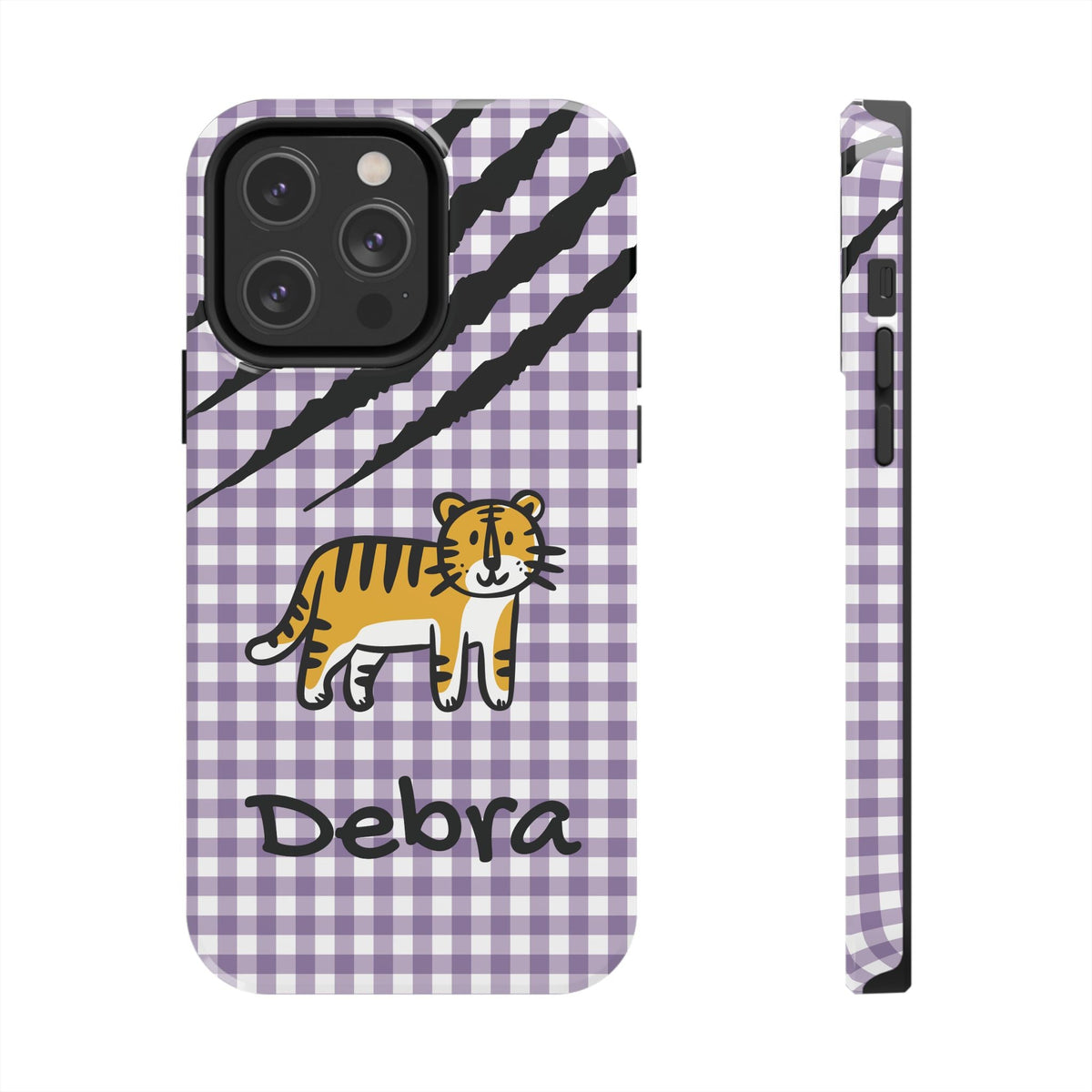 Personalized doodle tiger gingham phone case with custom name, for iPhone 14 Pro Max