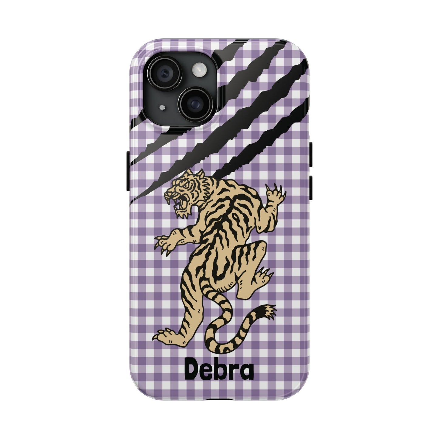 CAJUN DEB Personalized Vintage Tiger Purple Gingham Phone Case – Cute Purple Gingham Tough Phone Case with Claw Marks CAJUN DEB