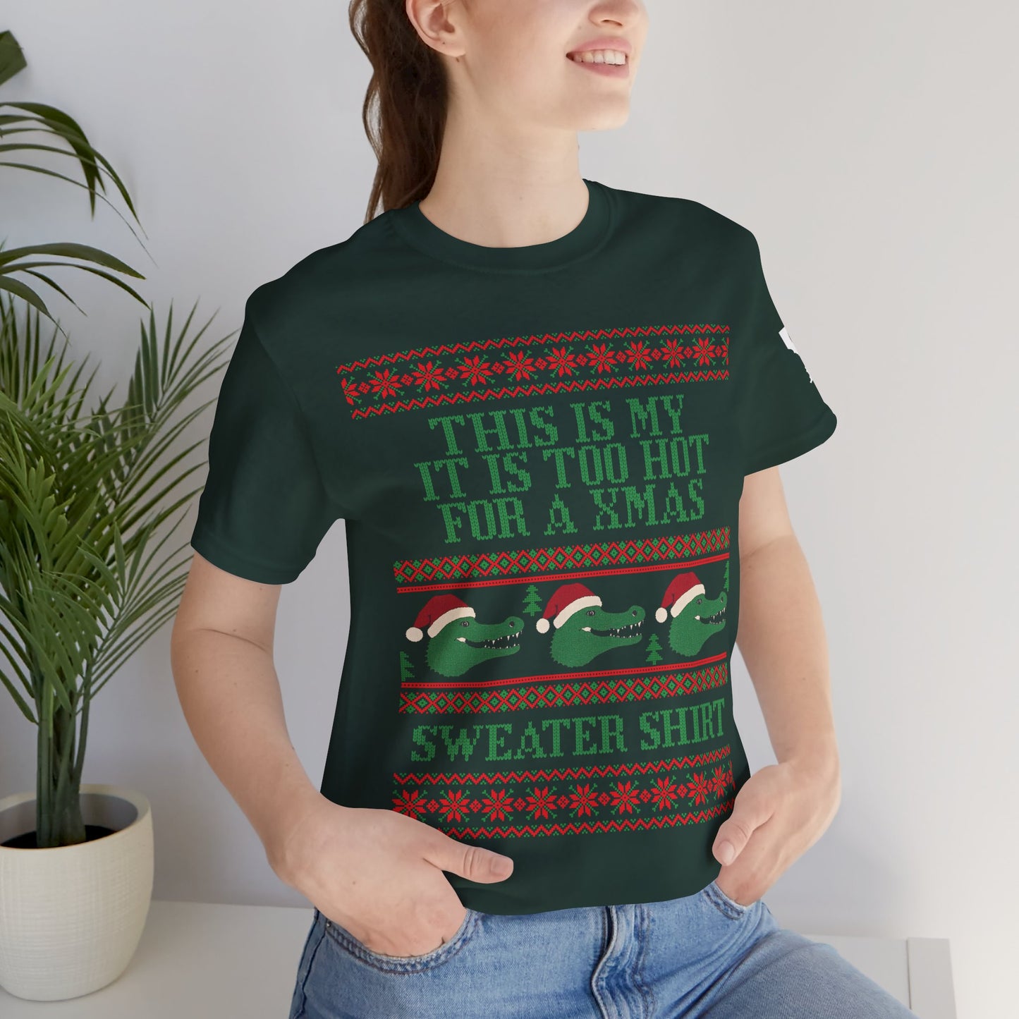 CAJUN DEB Funny Gator Holiday shirt Too Hot for a Xmas Sweater Shirt Crew Unisex Jersey Short Sleeve Tee Bella Canvas 3001 T-Shirt