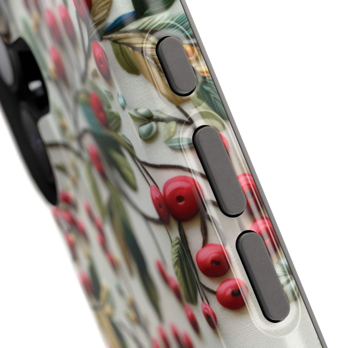 December Birth Month Flower Phone Case Faux Holly Beads Embroidered Custom, Personalized Christmas Winter Magnetic Tough Cases for iPhone