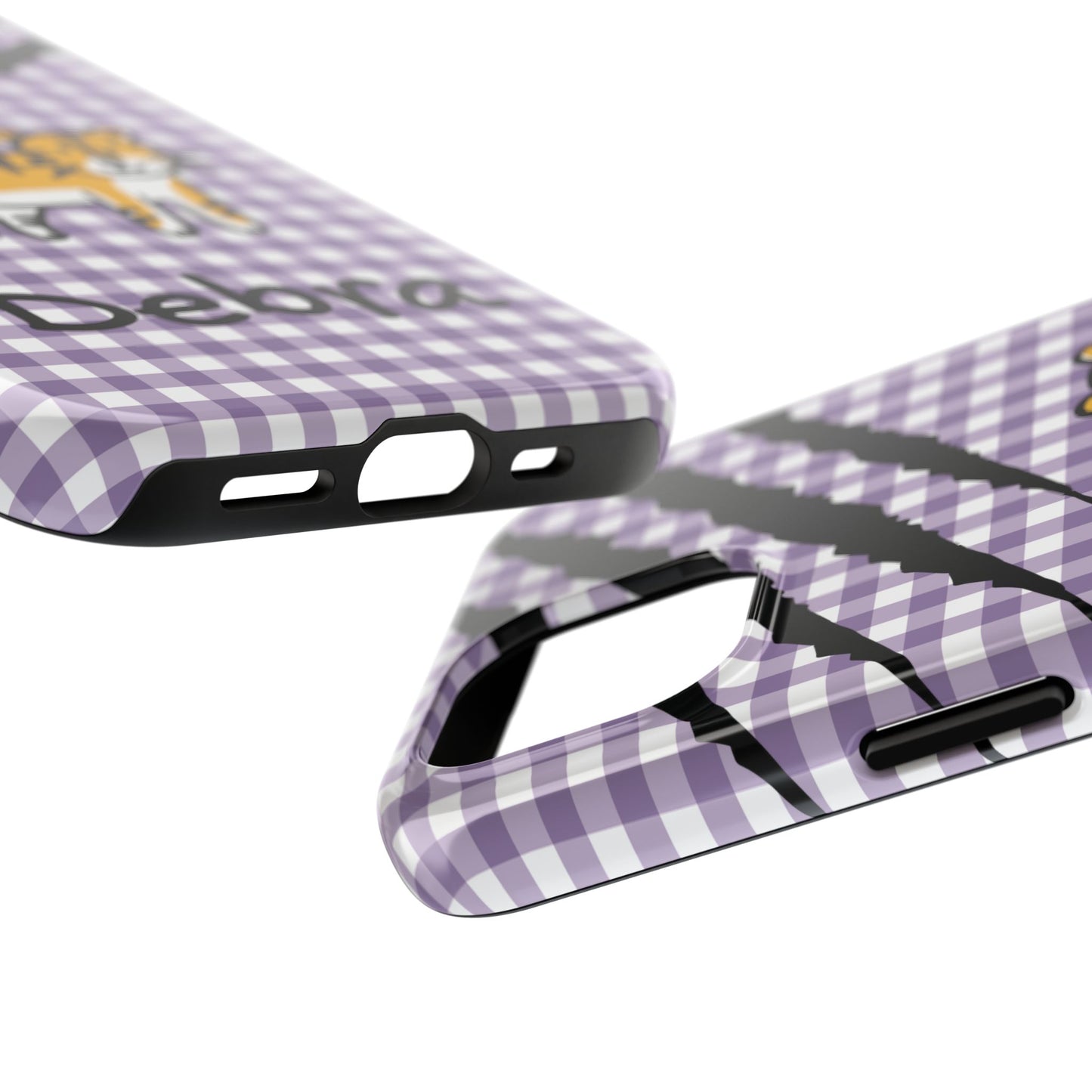 CAJUN DEB Personalized Tiger Purple Gingham Phone Case – Cute Purple Gingham Tough Phone Case with Claw Marks CAJUN DEB