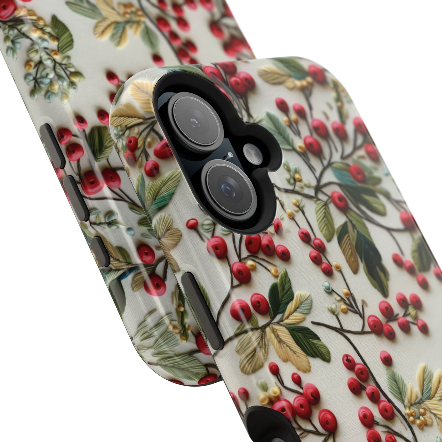 December Birth Month Flower Phone Case Faux Holly Beads Embroidered Custom, Personalized Christmas Winter Magnetic Tough Cases for iPhone