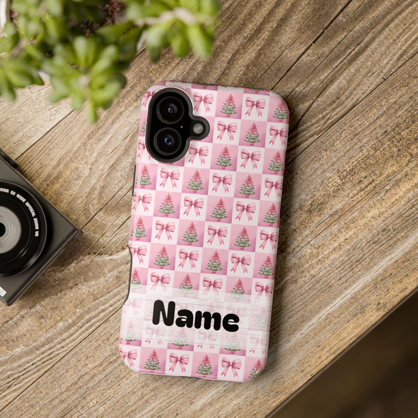 Pink Retro Christmas Tree & Coquette Phone Case - Personalized Christmas Phone Case Impact-Resistant Cases iPhone Samsung