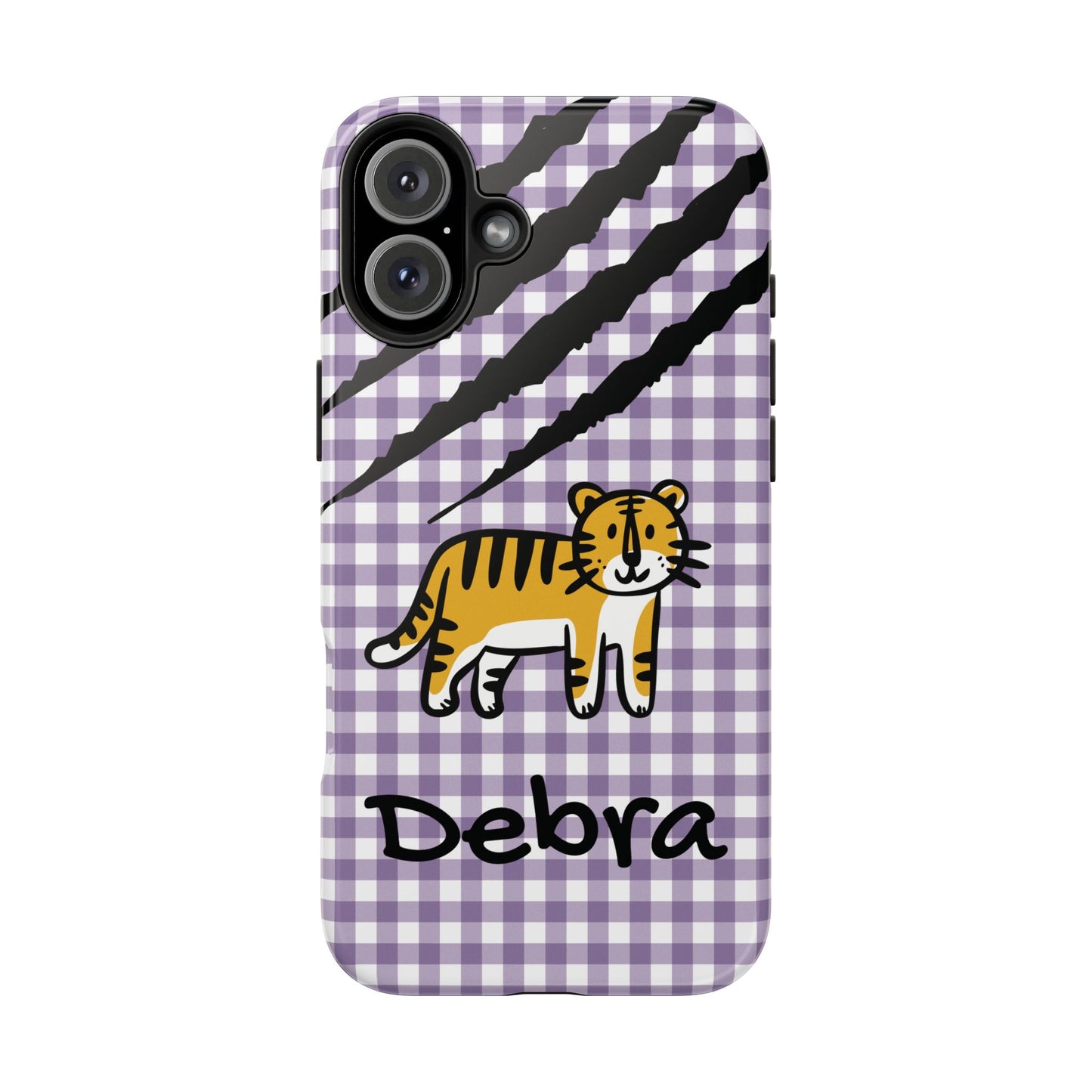 CAJUN DEB Personalized Tiger Purple Gingham Phone Case – Cute Purple Gingham Tough Phone Case with Claw Marks CAJUN DEB