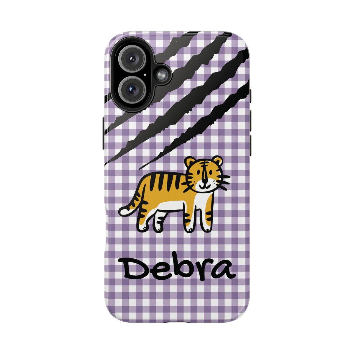 Personalized doodle tiger gingham phone case with custom name, for iPhone 16 Plus