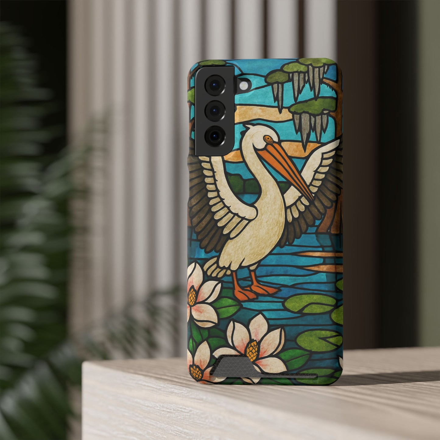 CAJUN DEB MDS Awareness Louisiana Phone Case With Card Holder, Pelican, Faux Stained Glass case, magnolia