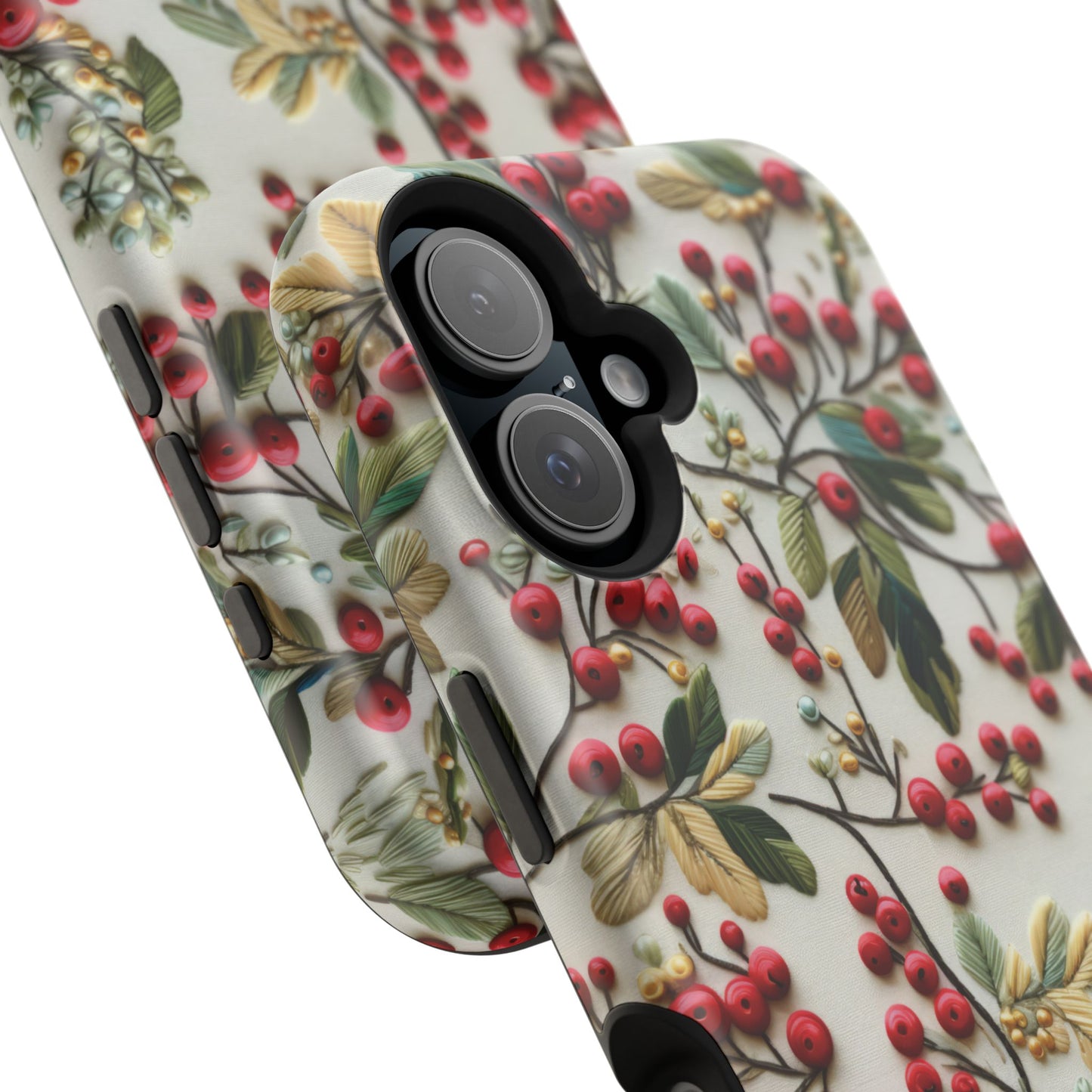 December Birth Month Flower Phone Case Faux Holly Beads Embroidered Custom, Personalized Christmas Winter Magnetic Tough Cases for iPhone