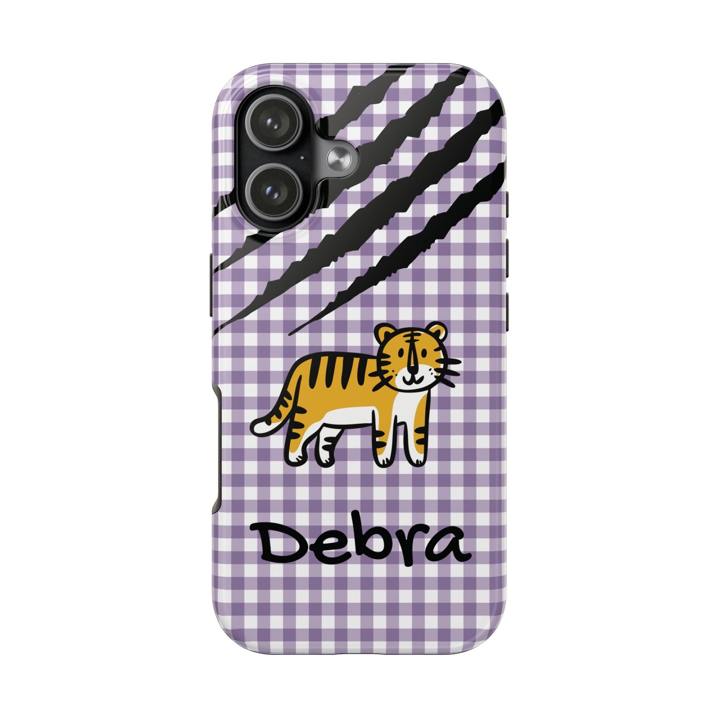 CAJUN DEB Personalized Tiger Purple Gingham Phone Case – Cute Purple Gingham Tough Phone Case with Claw Marks CAJUN DEB