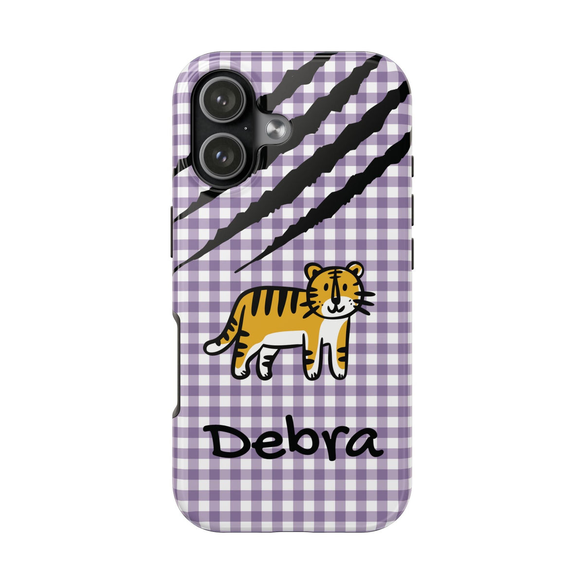 Personalized doodle tiger gingham phone case with custom name, for iPhone 17