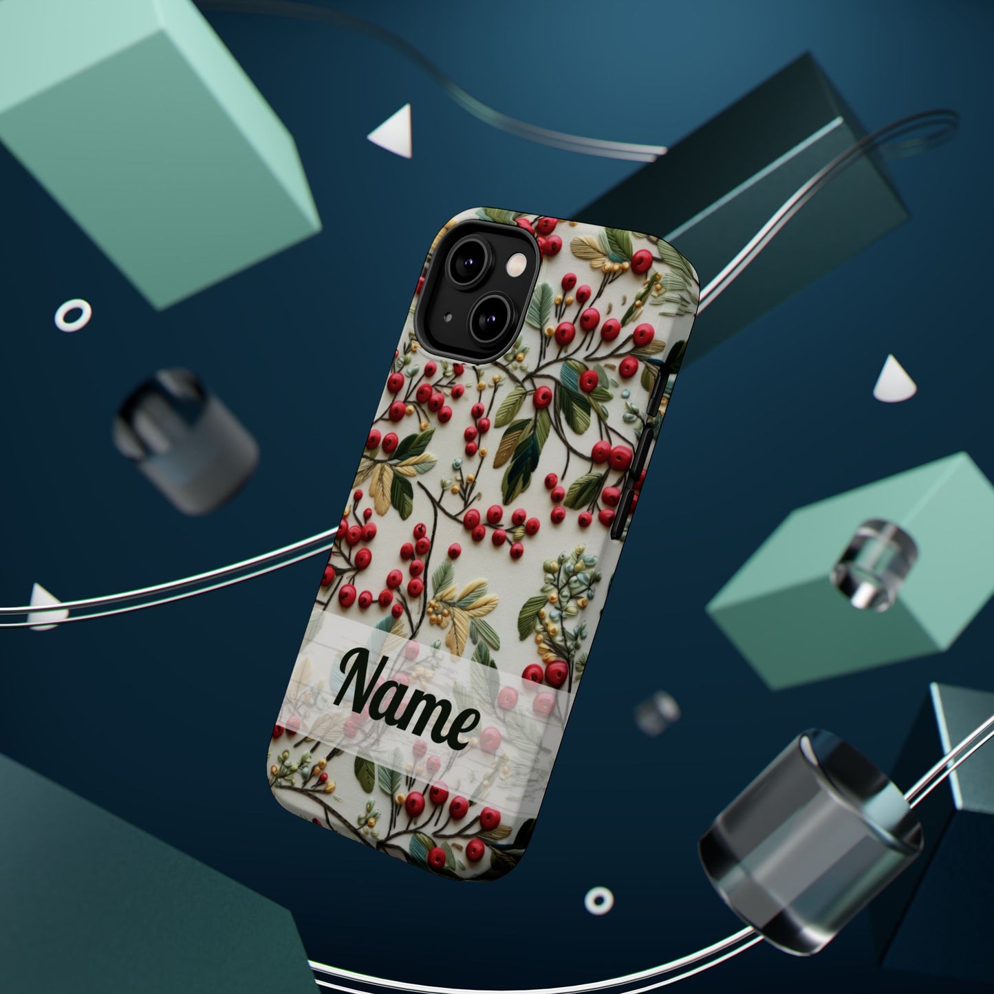 December Birth Month Flower Phone Case Faux Holly Beads Embroidered Custom, Personalized Christmas Winter Magnetic Tough Cases for iPhone