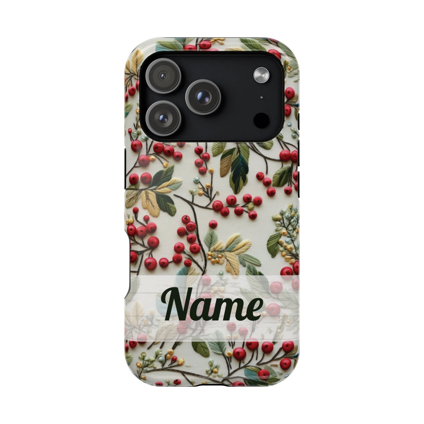 December Birth Month Flower Phone Case Faux Holly Beads Embroidered Custom, Personalized Christmas Winter Magnetic Tough Cases for iPhone