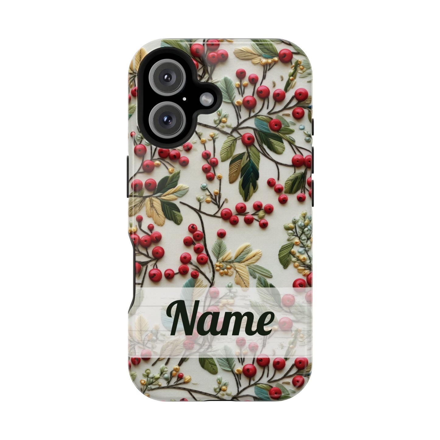 December Birth Month Flower Phone Case Faux Holly Beads Embroidered Custom, Personalized Christmas Winter Magnetic Tough Cases for iPhone
