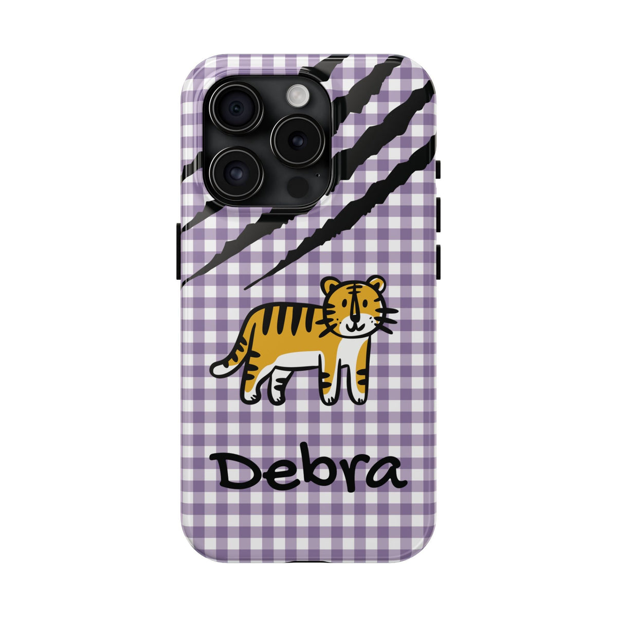 Personalized doodle tiger gingham phone case with custom name, for iPhone 15 Pro