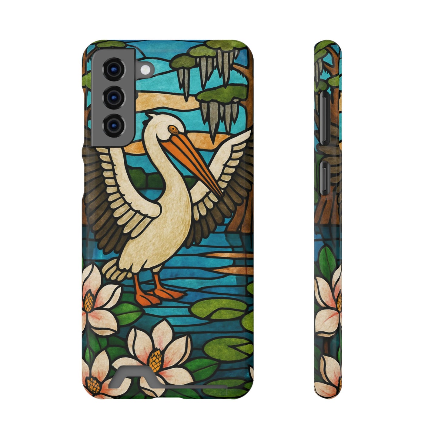 CAJUN DEB MDS Awareness Louisiana Phone Case With Card Holder, Pelican, Faux Stained Glass case, magnolia