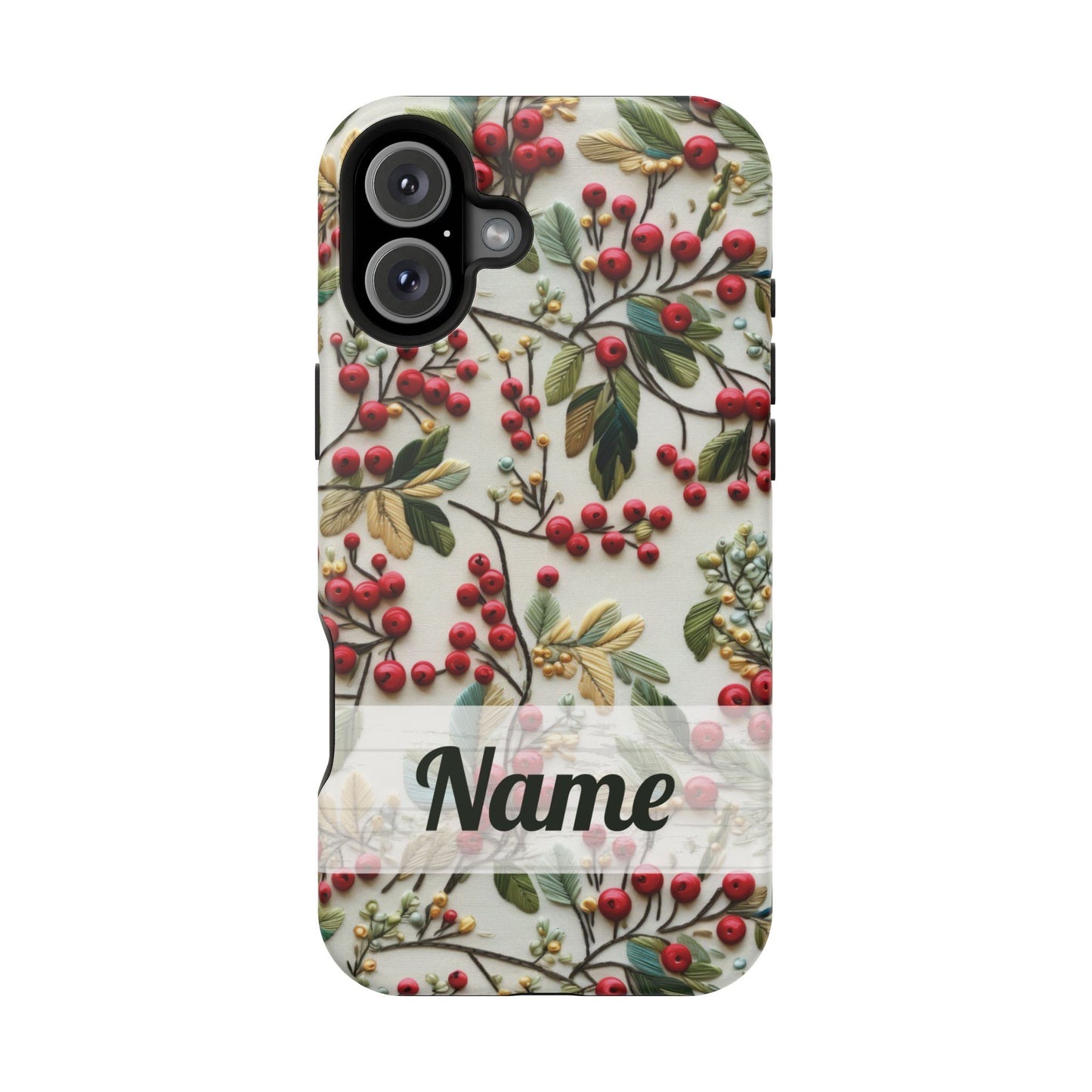December Birth Month Flower Phone Case Faux Holly Beads Embroidered Custom, Personalized Christmas Winter Magnetic Tough Cases for iPhone