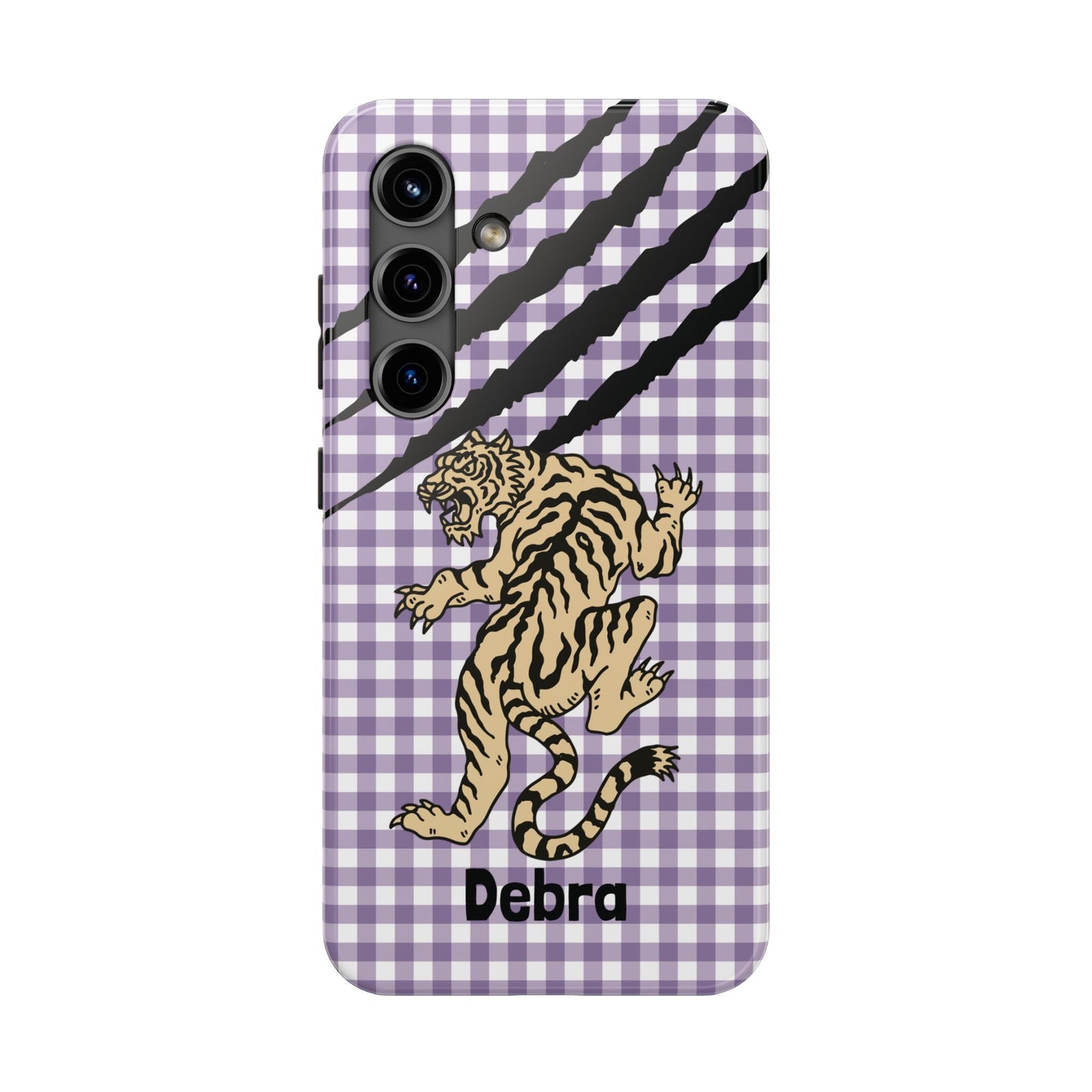 CAJUN DEB Personalized Vintage Tiger Purple Gingham Phone Case – Cute Purple Gingham Tough Phone Case with Claw Marks CAJUN DEB