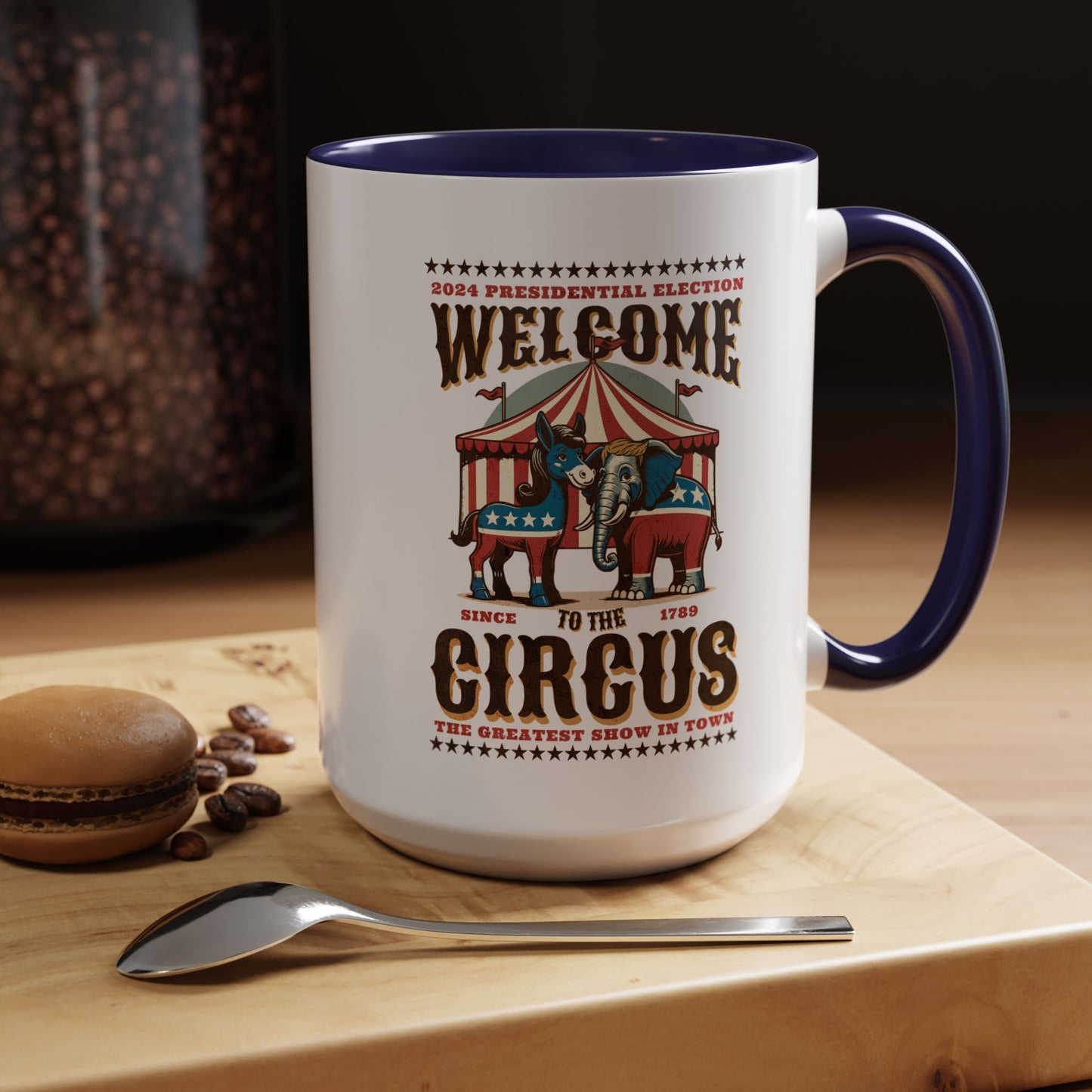 Political Circus Coffee Mug (11, 15oz) - Republican Democrat Independent Elephant Donkey