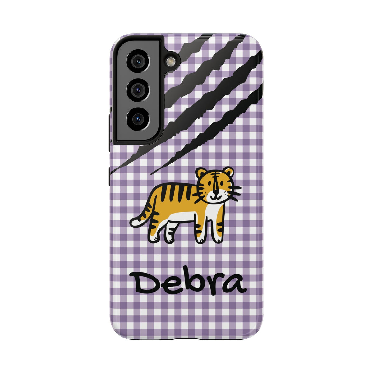 Personalized doodle tiger gingham phone case with custom name, for Samsung Galaxy S22
